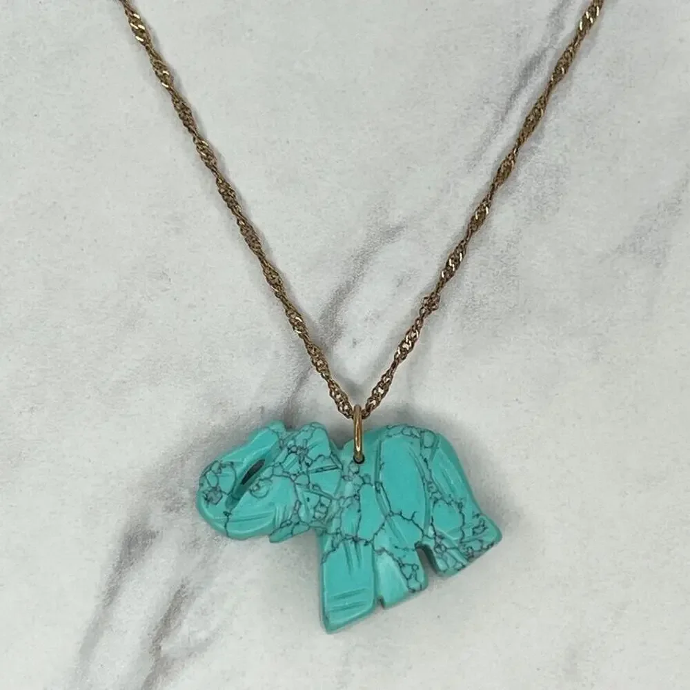 Gold Tone Faux Turquoise Trunk Up Good Luck Elephant Pendant Necklace